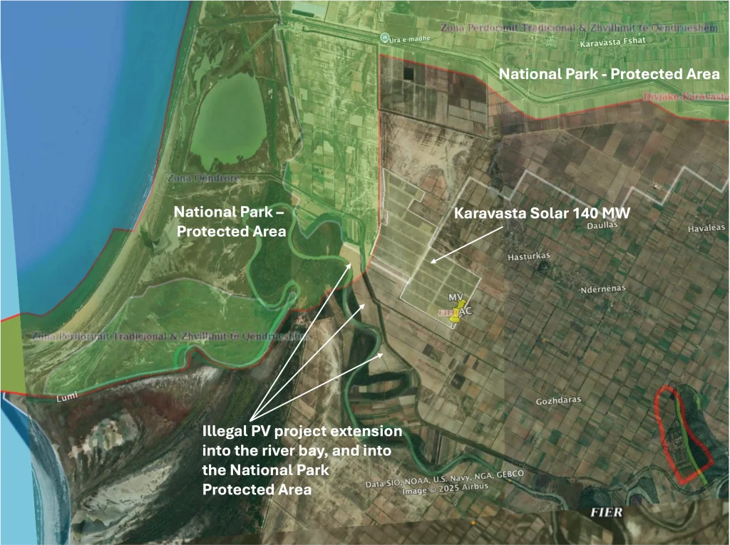 Karavasta Solar project location. Other PV farms in new located into the protected areas and river bank.