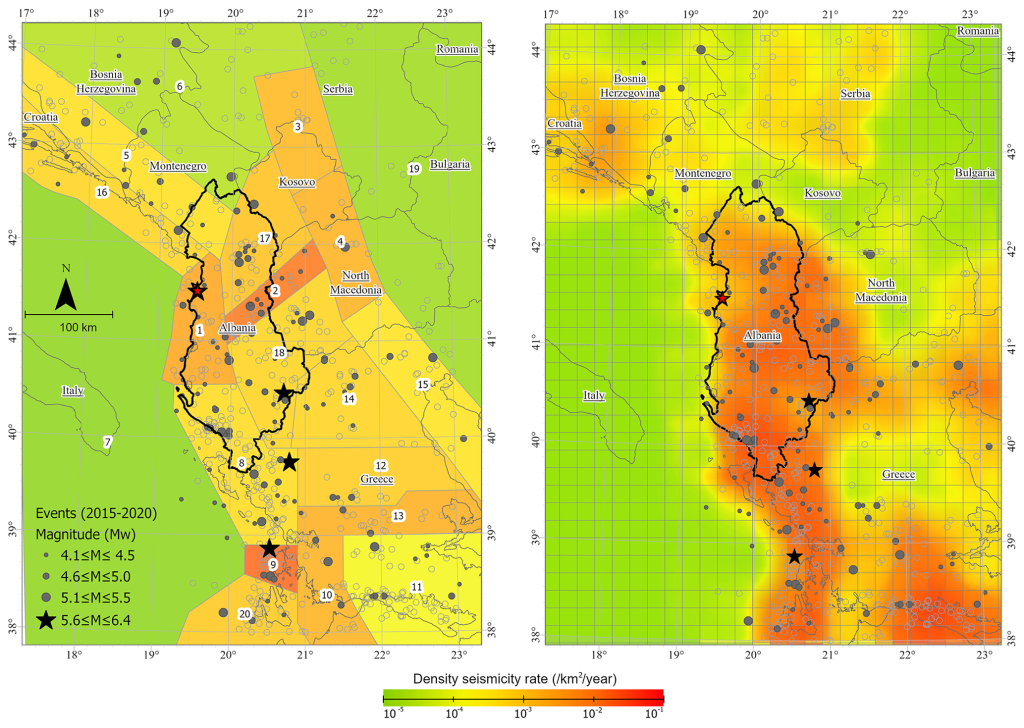 Density seismicity rate for the period 1960–2006 evaluated for (a) the area source model (Cornell, 1968), and (b) the smoothing model (Frankel, 1995).